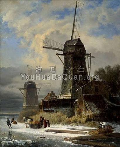 Paysage d'Hiver au Moulin - 安德列亚斯·Schelfhout